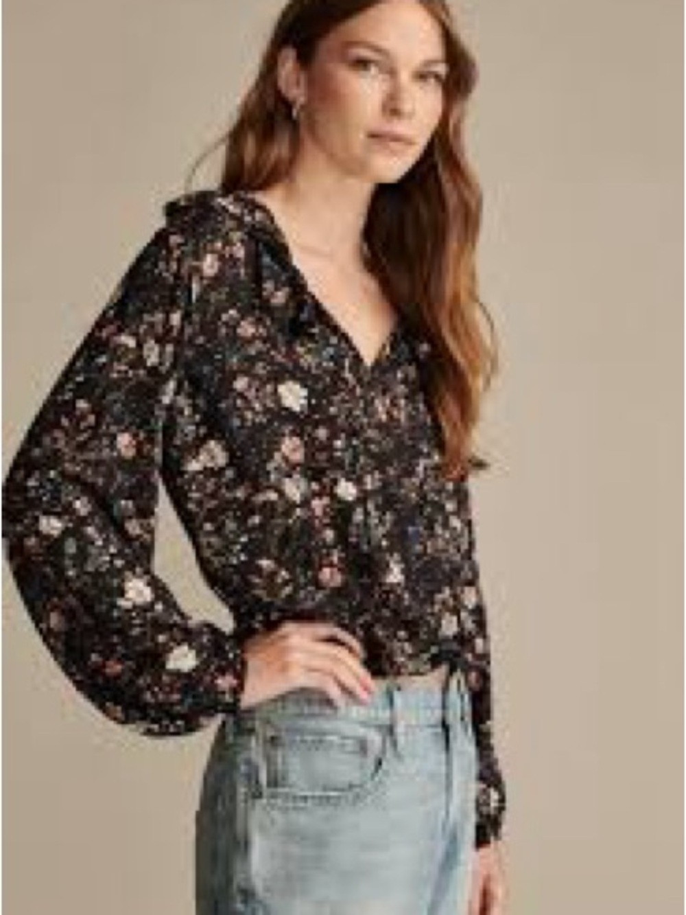 Lucky Brand Black Floral V-Neck Long-Sleeve Blouse